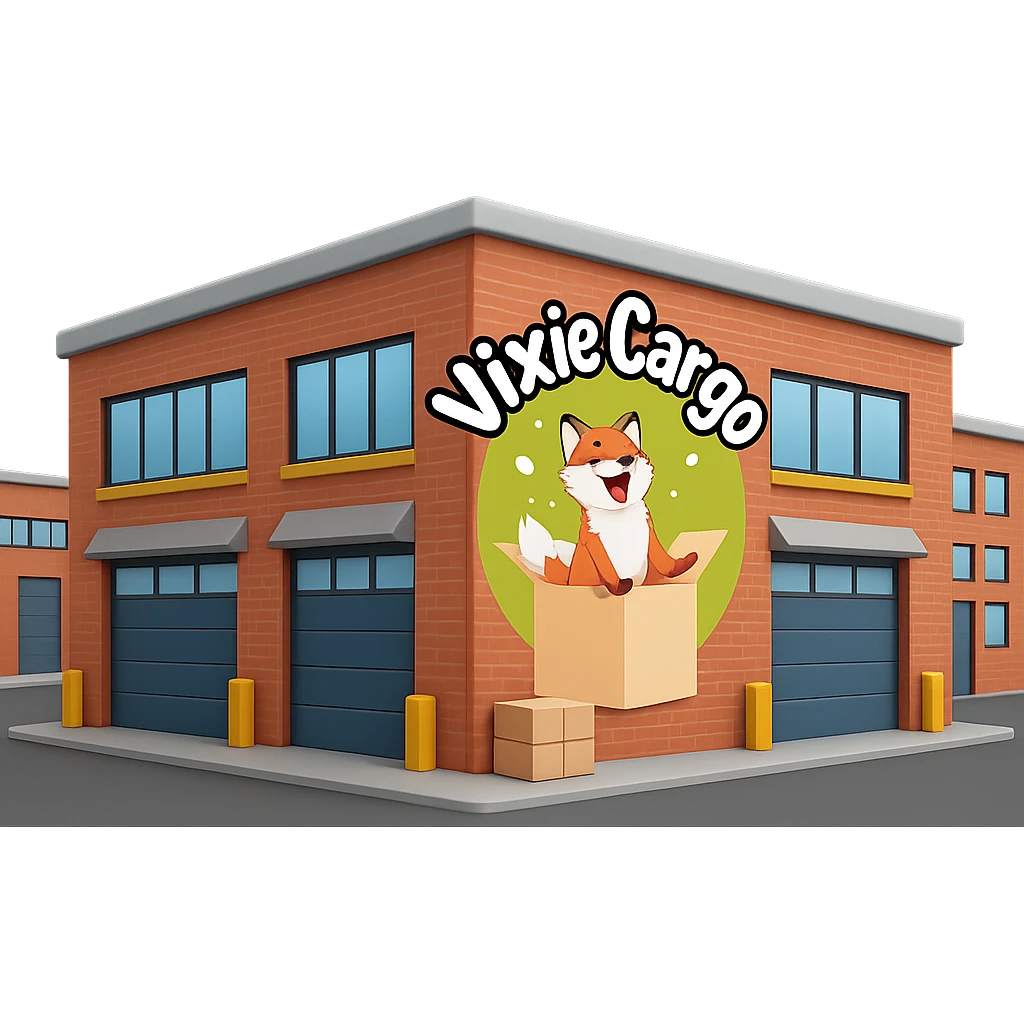 Add the Vixie Cargo company logo to the front of the parcel warehouse building emoji in the style of Apple emojis, with no background. emoji