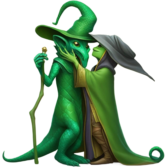 a Reptilian alien woman kissing a wizard emoji