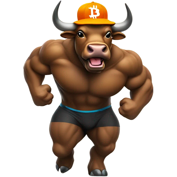 Bull ready to charge wearing bitcoin hat emoji