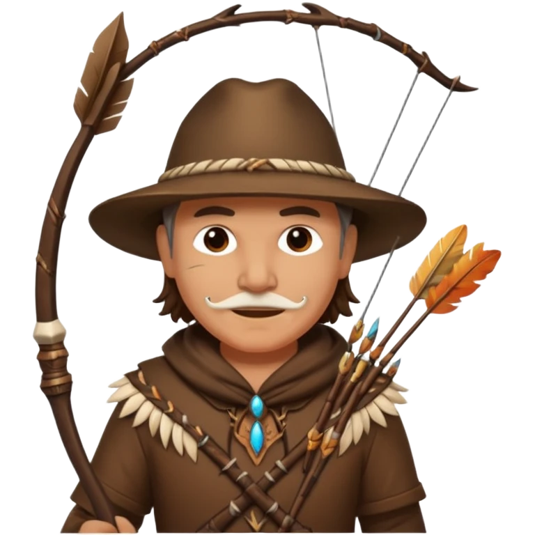 The classic middle-aged hunter with a bow and arrow on his back, dressed in brown with decorations made of feathers or bone teeth emoji