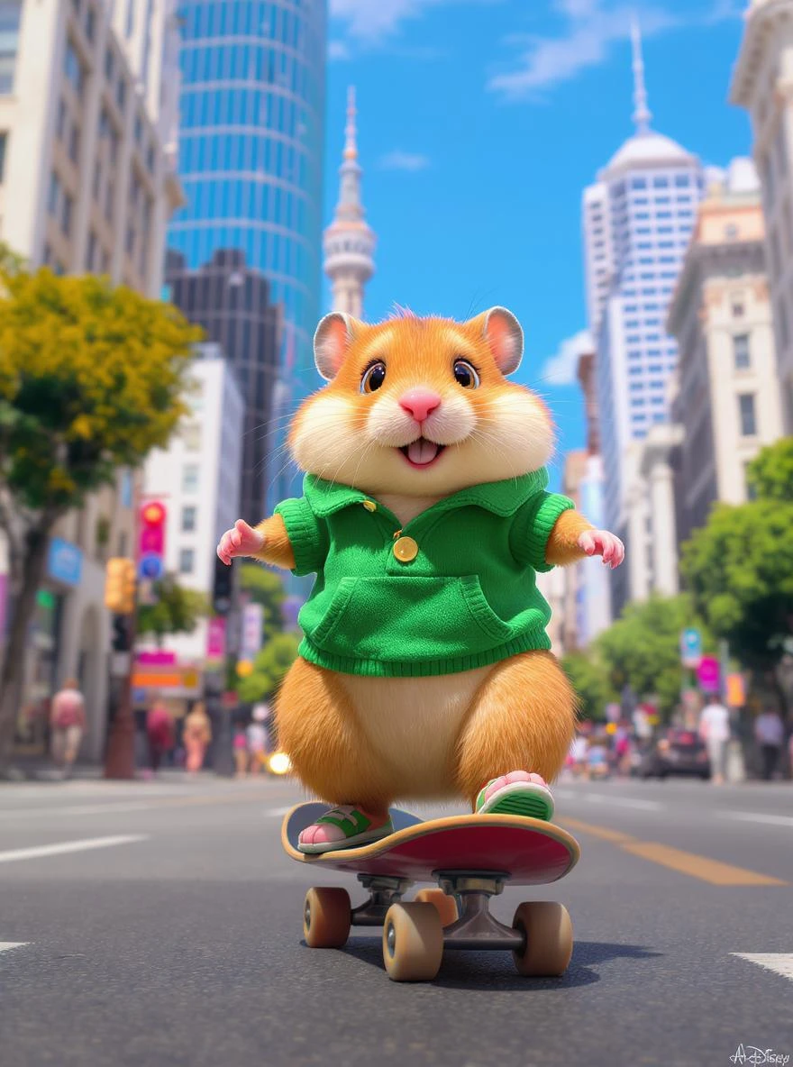 Disney style Cinematic still scane, Low angle shot, hamster dress in green outfit, hamster ride on skateboard, san francisno downtown with city lanscape, blue clean sky, captured by ARRI Alexa XT, soft cinematic lightning, back light, inspired by ToyStory 4 emoji
