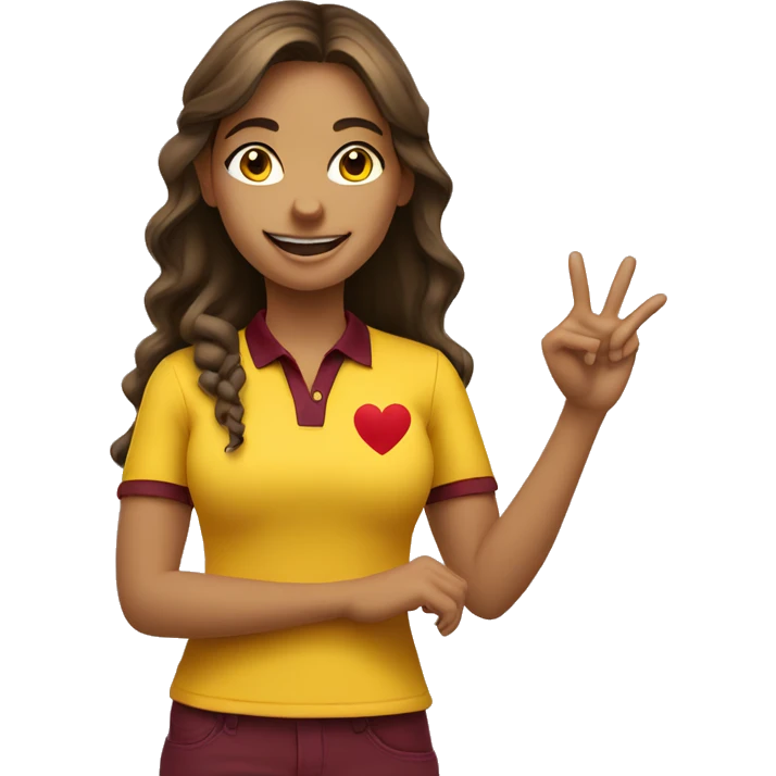 a mid length hair girl smiling and doing the heart sign wearing a yellow polo with maroon id lanyard  emoji