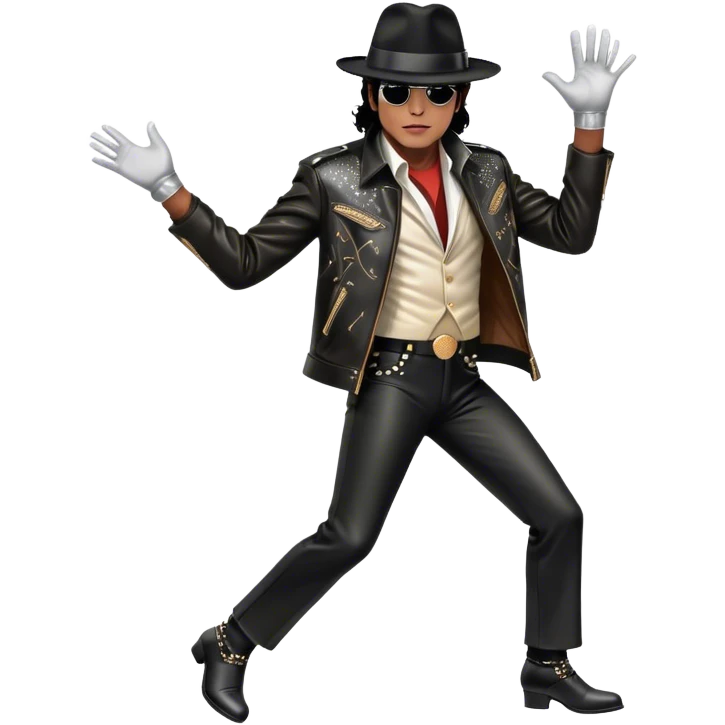 Icon of Michael Jackson as R&B legend: wearing a black fedora, sparkling glove, and leather jacket, striking a moonwalk pose. Background with musical notes and abstract patterns, capturing the energy and soul of R&B. Transparent background. emoji
