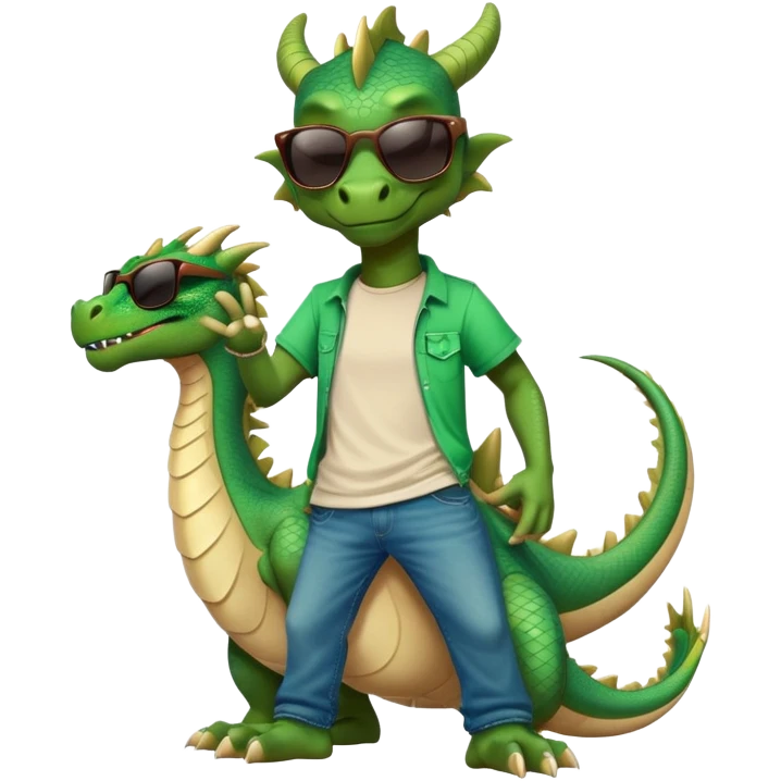 friendly anthropomorphised dragon in a hip-hop t-shirt and jeans with dark sunglasses, relaxed pose emoji