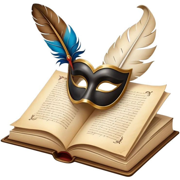 An icon featuring an open book with flowing pages, a feather quill, and classic literary symbols like a theater mask and inkwell. The design includes a subtle parchment background with faint text lines, symbolizing the study of literature. Transparent background emphasizes creativity and analysis. emoji