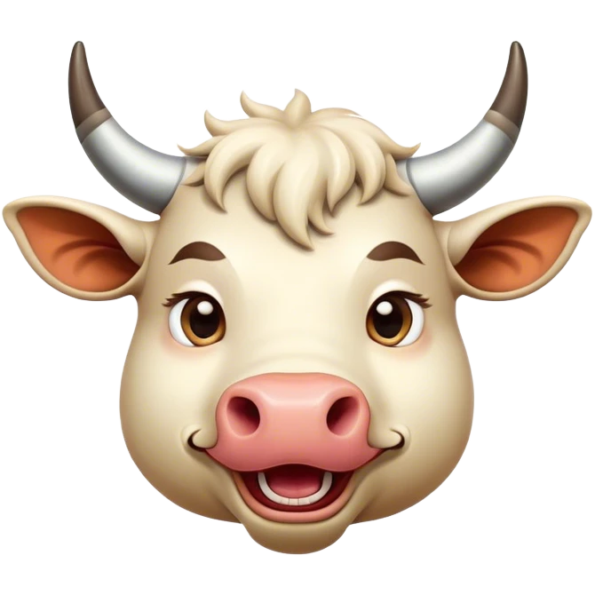 Cinematic Comical Domestic Ox Portrait Emoji, Head tilted dramatically with an exaggeratedly amused expression, featuring a striking, glossy hide with boldly curved horns and wide, expressive eyes brimming with playful disbelief, Simplified yet hilariously expressive features, highly detailed, glowing with a slightly sassy earthy glow, high shine, dramatic yet playful, stylized with an air of cheeky rural mischief, soft glowing outline, capturing the essence of a spirited and over-the-top ox that looks ready to charge its way into internet fame instantly! emoji