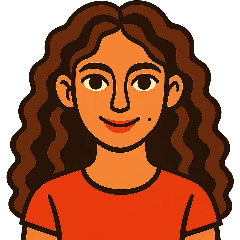 vibrant illustration of a girl with long curly brown hair (not too dark), intense dark brown eyes, clear skin (neither pale nor tan), mole on right cheek, loving expression emoji