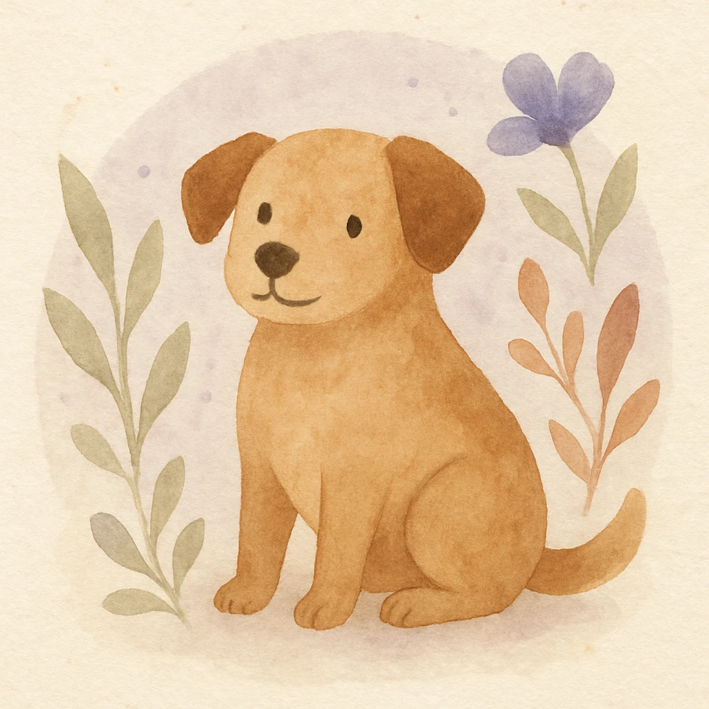 <systemPrompt>
  <style name="Watercolor Botanical Illustration">
    <medium>Watercolor</medium>
    <texture>
      <paper>Soft cotton texture, subtle grain</paper>
      <wash>Transparent color washes with visible layering</wash>
    </texture>
    <palette>
      <primary>Muted earth tones (browns, reds)</primary>
      <accent>Pastel purples and blues</accent>
      <background>Faded lavender wash with scattered dots</background>
    </palette>
    <details>
      <linework>Minimal, soft edges, no outlines</linework>
      <shading>Natural blending, subtle tonal gradients</shading>
      <features>
        <botanical>Organic shapes, abstract leaf and petal structures</botanical>
        <animal>Round forms, friendly expressions, simplified anatomy</animal>
      </features>
    </details>
    <composition>
      <focus>Centered subject</focus>
      <background>Soft circular watercolor wash</background>
      <spacing>Balanced with gentle whitespace</spacing>
    </composition>
    <atmosphere>Whimsical, serene, hand-painted</atmosphere>
  </style>
  <instructions>
    Use this style for all elements in the image. Ensure the soft watercolor texture is preserved across both the subject and background. Emphasize organic, natural forms with minimal sharp detail.
  </instructions>
</systemPrompt>

{subject} = dog emoji