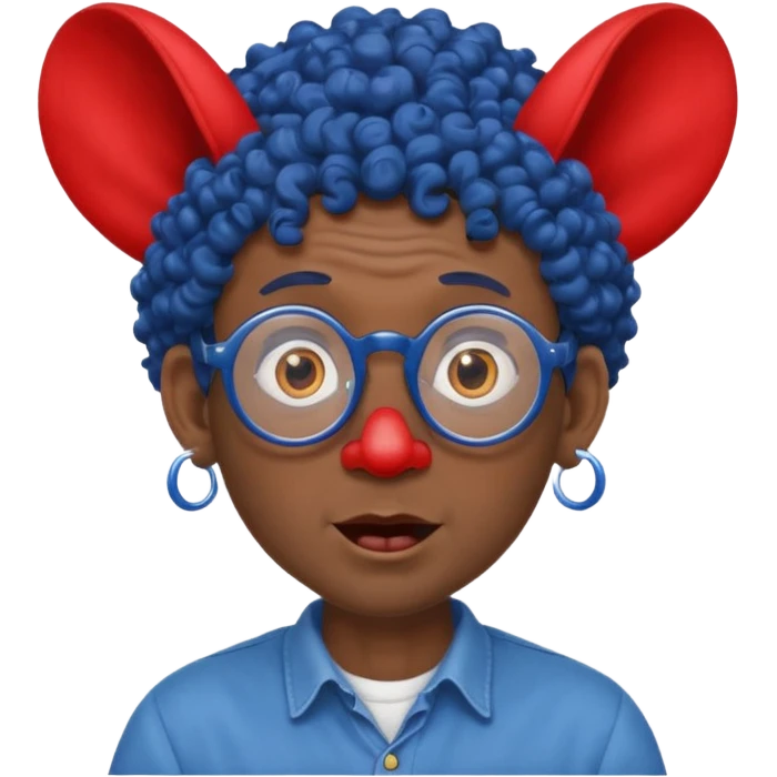 dark blue haired man curly hair with big ears and red earrings and spectacles surprised and hat wearing emoji