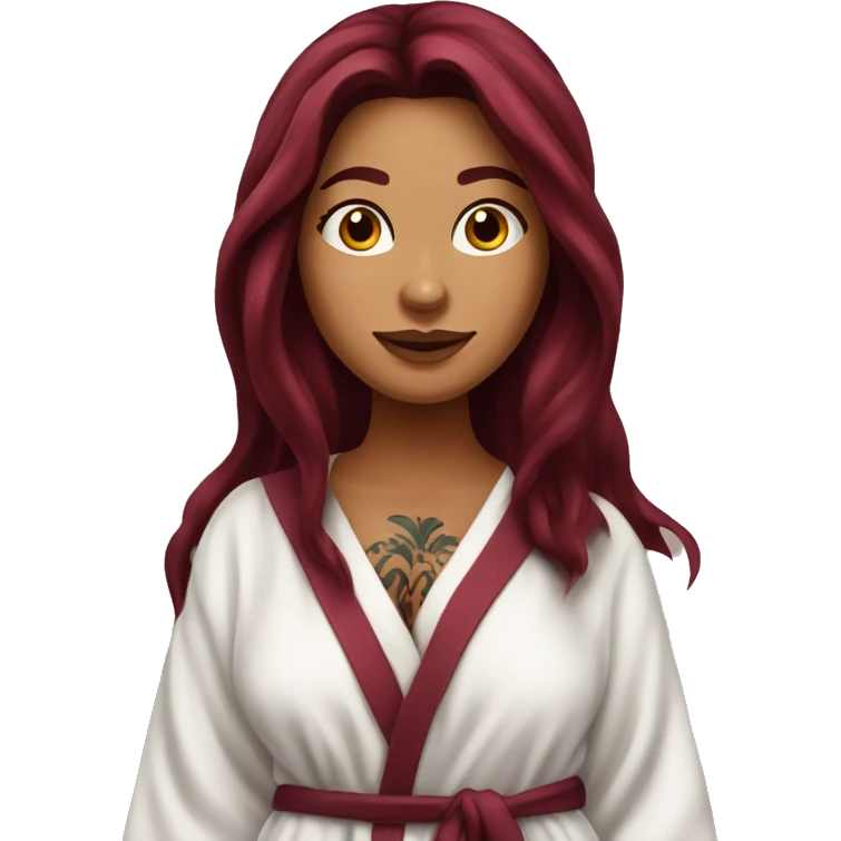 Beautiful tattooed  burgundy long haired woman in bathrobe emoji