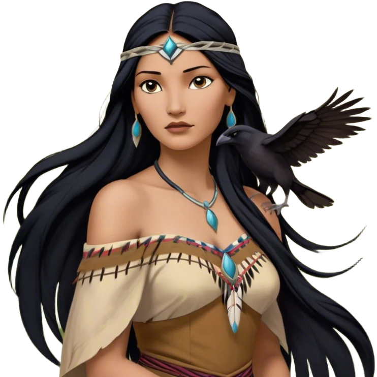 Cinematic Realistic Pocahontas Portrait, depicted with lifelike skin texture, soft natural lighting, and intricately detailed long, flowing raven-black hair that moves gracefully in the wind. Her deep, soulful dark brown eyes exude wisdom and strength, complemented by a serene yet powerful expression. She is dressed in her classic one-shoulder native american dress, with rich fabric textures and delicate beaded details that catch the light beautifully. The portrait features a soft, sun-kissed glow with a natural, radiant finish, capturing the essence of untamed beauty and deep connection to nature in a realistic and painterly style, evoking a sense of depth and authenticity. emoji