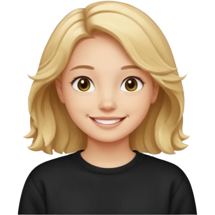 ЗГЕНЕРУЙ ОБЛИЧЧЯ ДІВЧИНИ З СВІТЛИМ, ТРОХИ ХВИЛЯСТИМ ВОЛОССЯМ, ОДЯГНЕНУ В ЧОРНИЙ СВІТШОТ emoji