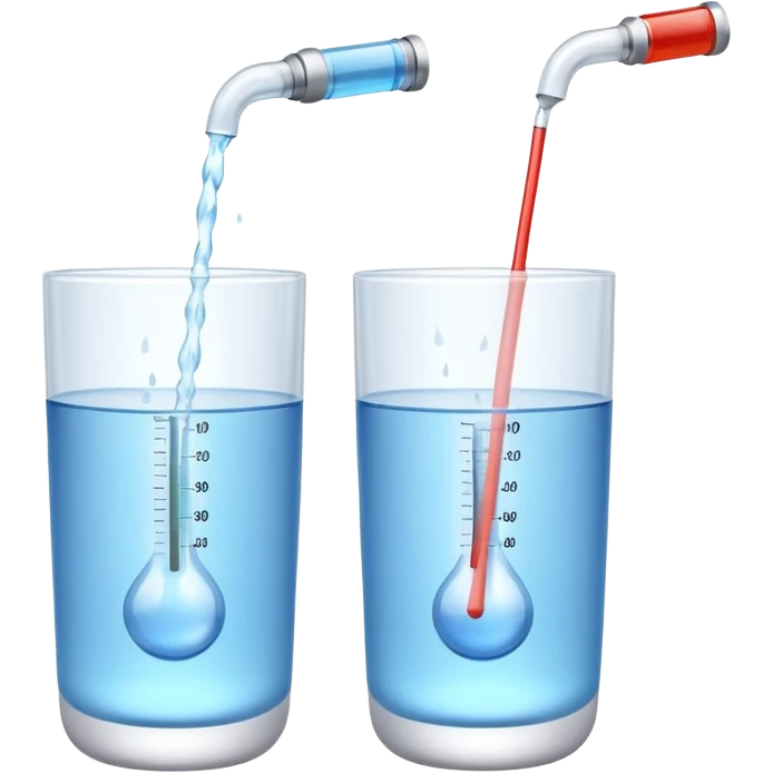 3D illustration of two glasses of water — one cold, one hot, with a thermometer inside each. Particles dissolving faster in hot water, slower in cold. Minimalist, clean, bright, modern 3D icon style. emoji
