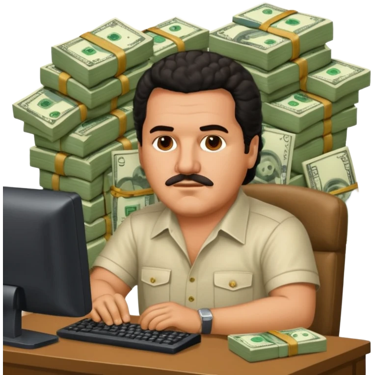 drug lord Pablo escobar using computer with money wallpaper as background emoji