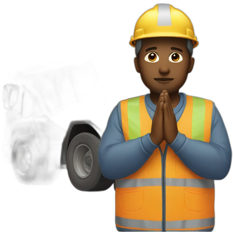 construction worker with hands in prayer standing directly in front of a DUMP TRUCK emoji