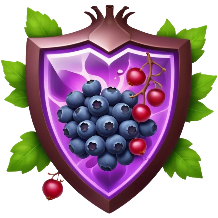 Blueberries, pomegranate, purple grapes, dark chocolate, and green tea leaves floating in a bright purple vortex. A glowing shield surrounds cells, dissolving dark shadow particles representing free radicals. The protective light extends throughout the body, showing antioxidants' protective effects. emoji