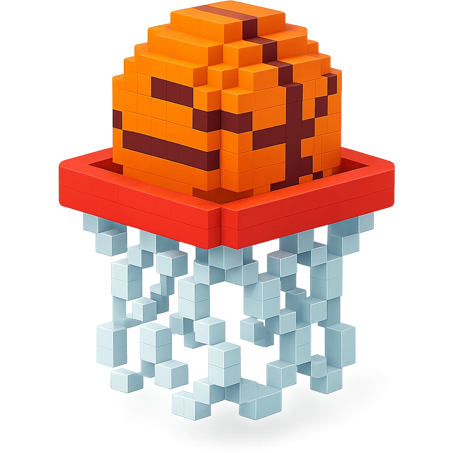 Voxel-style basketball in a net emoji