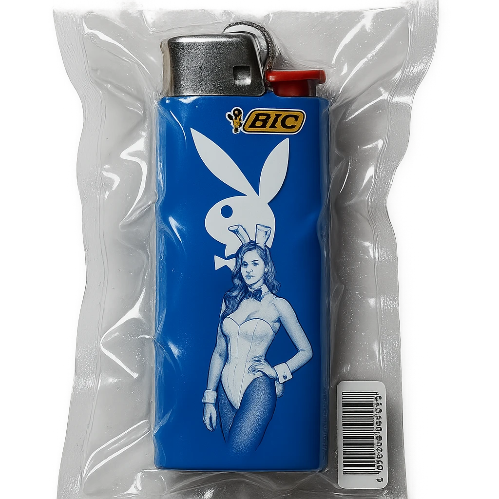 blue BIC lighter, glossy and puffy, with a white Playboy Bunny logo and a model in a white bunny suit emoji