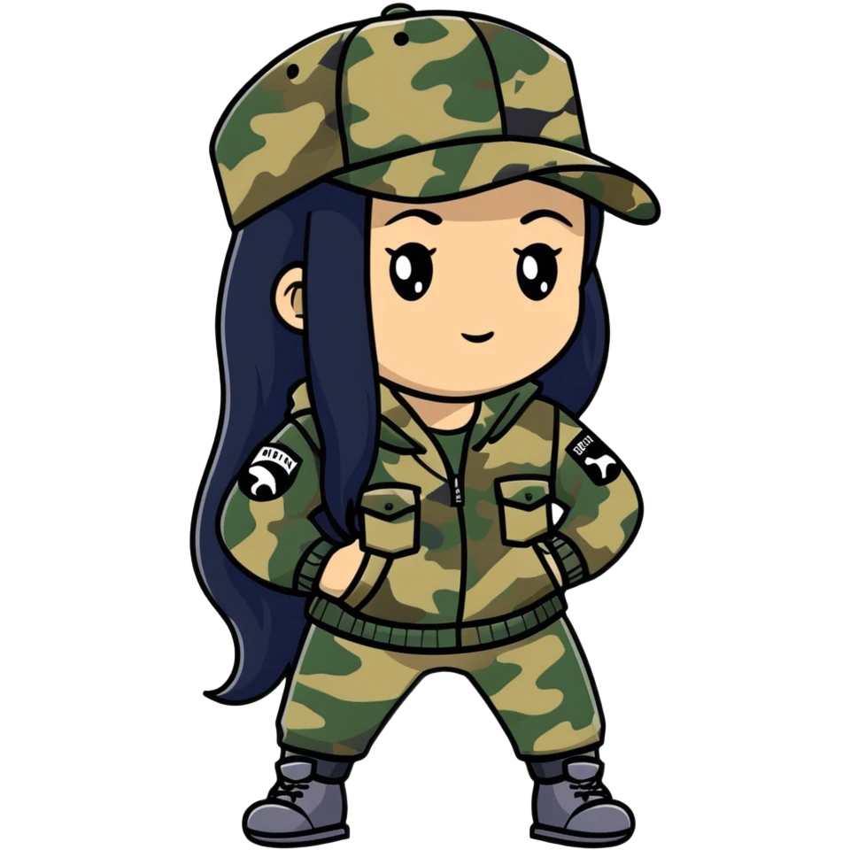 woman with long black hair in camouflage outfit wearing IC daddy cap emoji