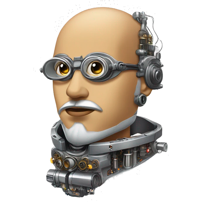 Tan bald male Latino cyborg head with grey beard, silver steampunk monocle goggles and circuits emoji