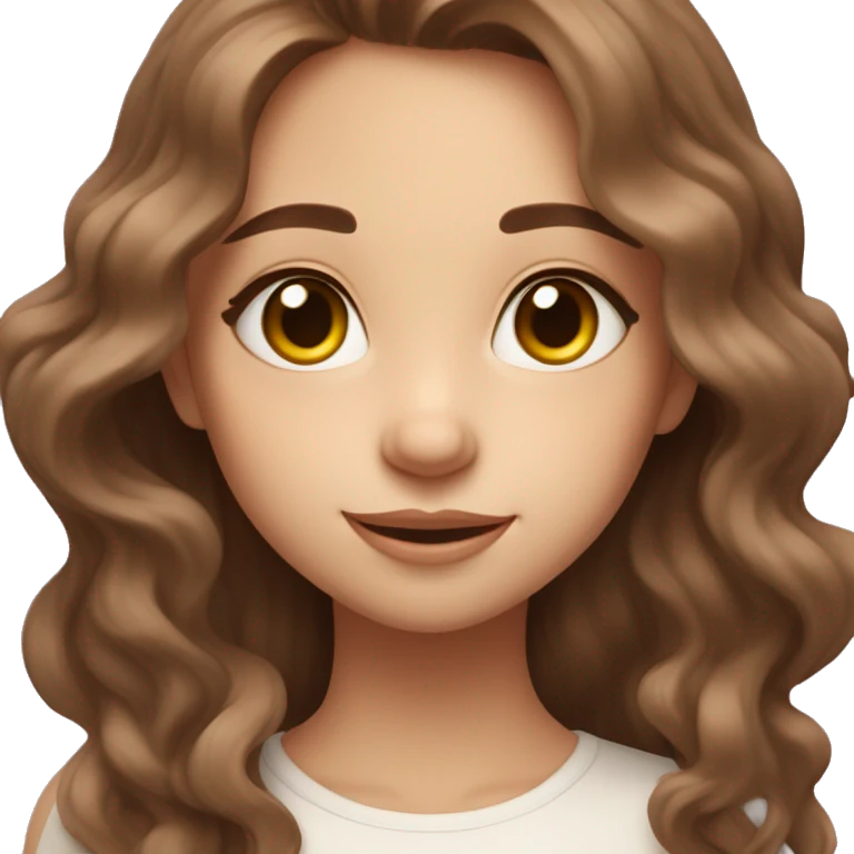 wavy brown hair, large expressive eyes, a gentle smile, and heart-shaped blush, giving her an ethereal, playful look. emoji