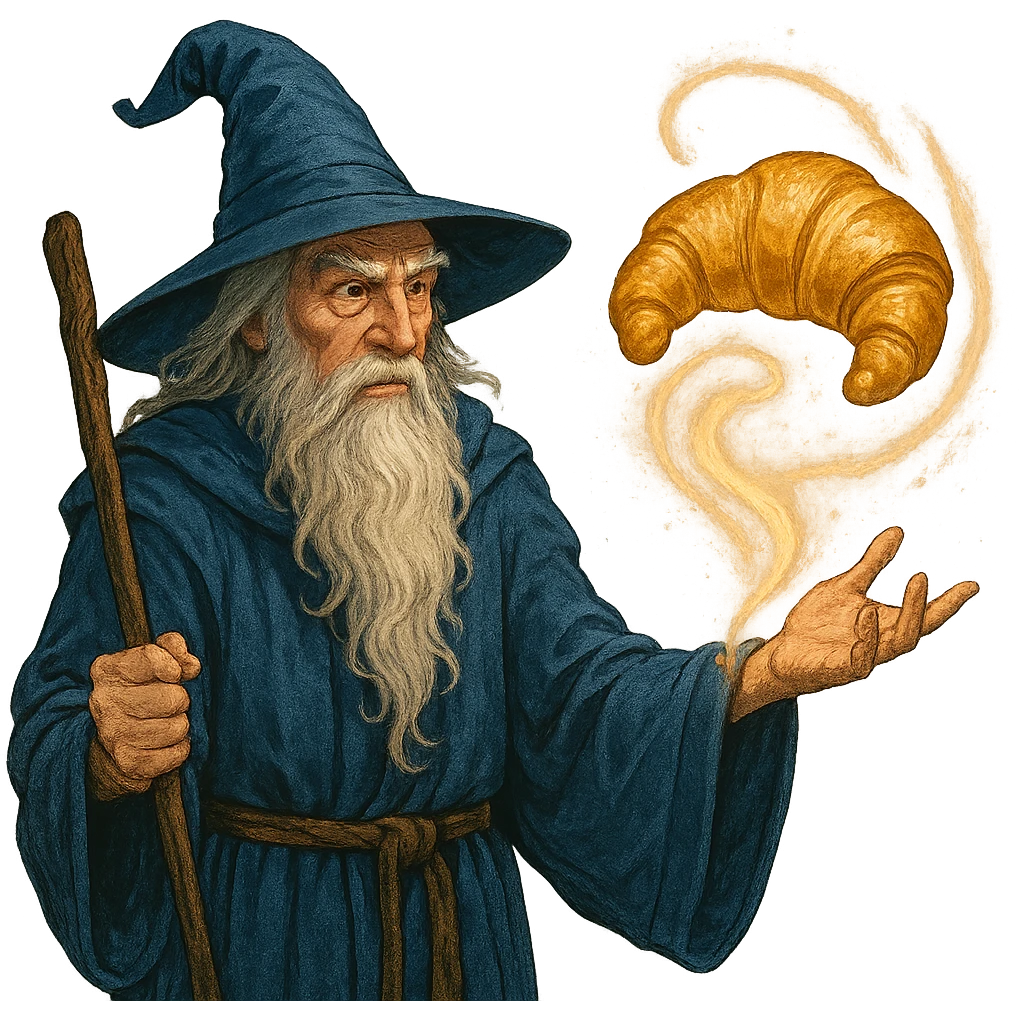 A wizard who conjures up a croissant emoji