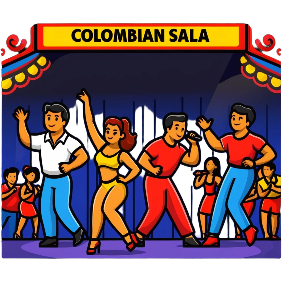 Colombian salsa night club with dancers, live band, and festive lights emoji
