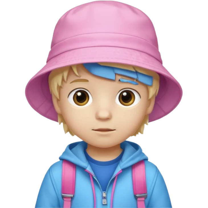 A little boy student white skin, blonde hair, with pink bucket hat, white jacket, blue backpack emoji