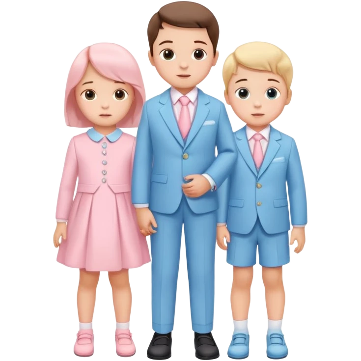triplet toddlers with two girls in pastel pink clothes on each side and a boy in pastel blue suit in the middle emoji