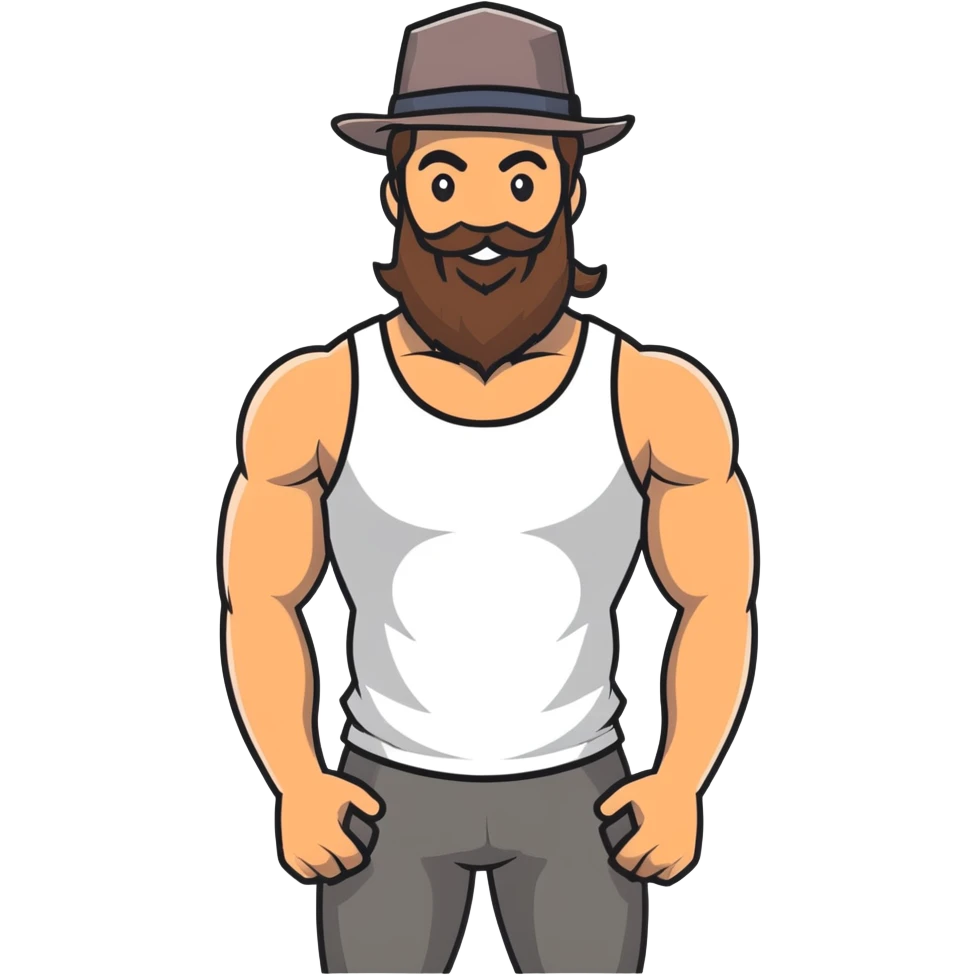 Muscular man with mid-long hair wearing a hat, big beard, smiling, white tank top emoji