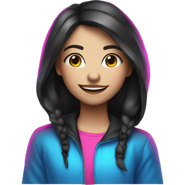 Girl, dark hair, neon pink blue, music, smile, emoji, cartoon, futuristic  emoji
