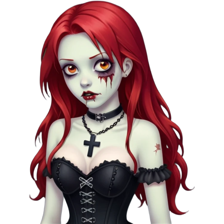 uma garota zumbi com o cabelo longo e vermelho vestindo um espartilho todo preto, com um colar de cruz emoji