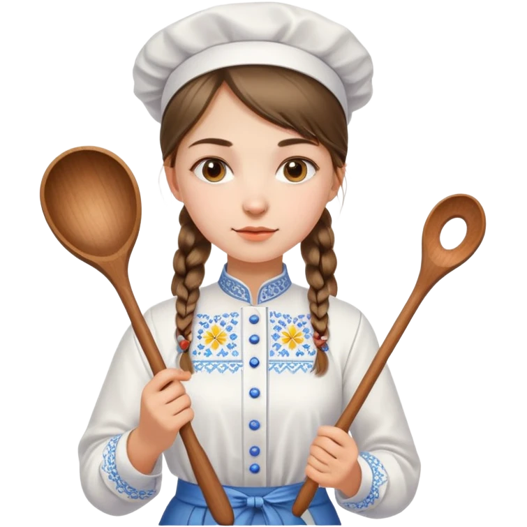 Ukrainian young girl in a white embroidered traditional shirt holding cooking tools like spoon and ladle emoji