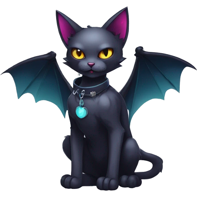  cool edgy kawaii ethereal dark-punk-themed animal vampiric cat-hybrid Fakemon with fangs and bat-wing-ears with a collar full body emoji