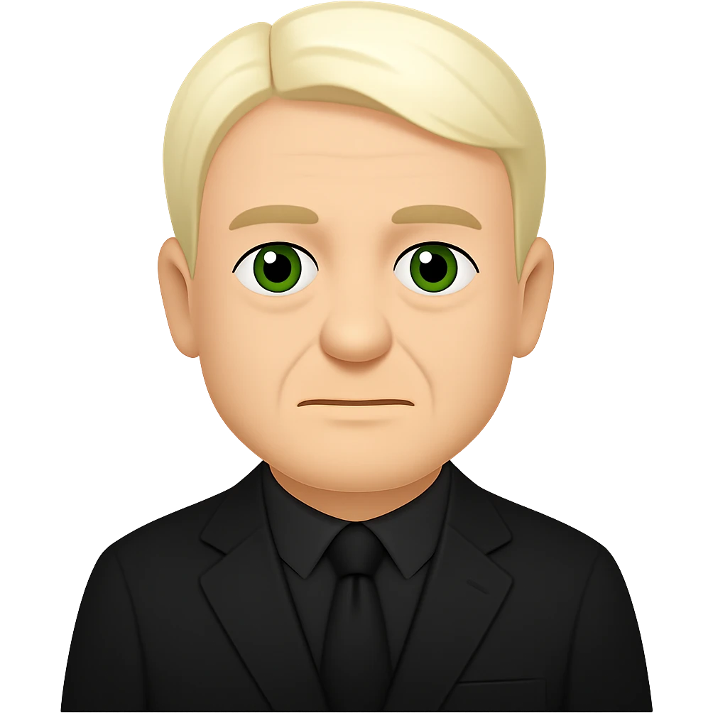 Create an emoji style image of Draco Malfoy at 50 years old, wearing a black suit. Keep the background transparent. The style should resemble classic emoji aesthetics with clear, simple features and vibrant colors. emoji