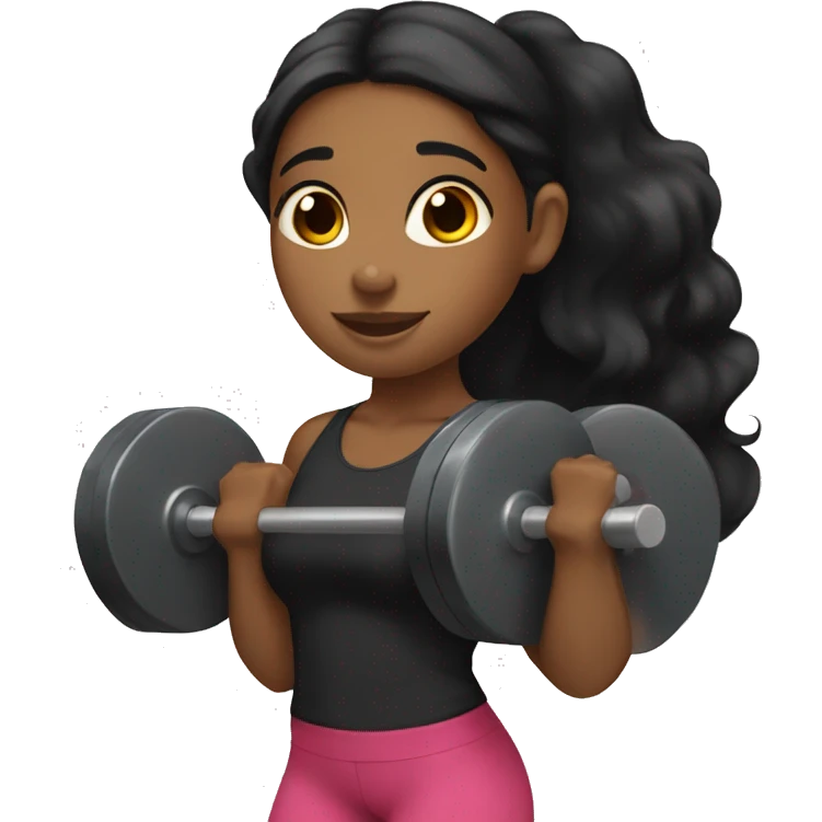 Brown girl with long black hair lifting weights emoji
