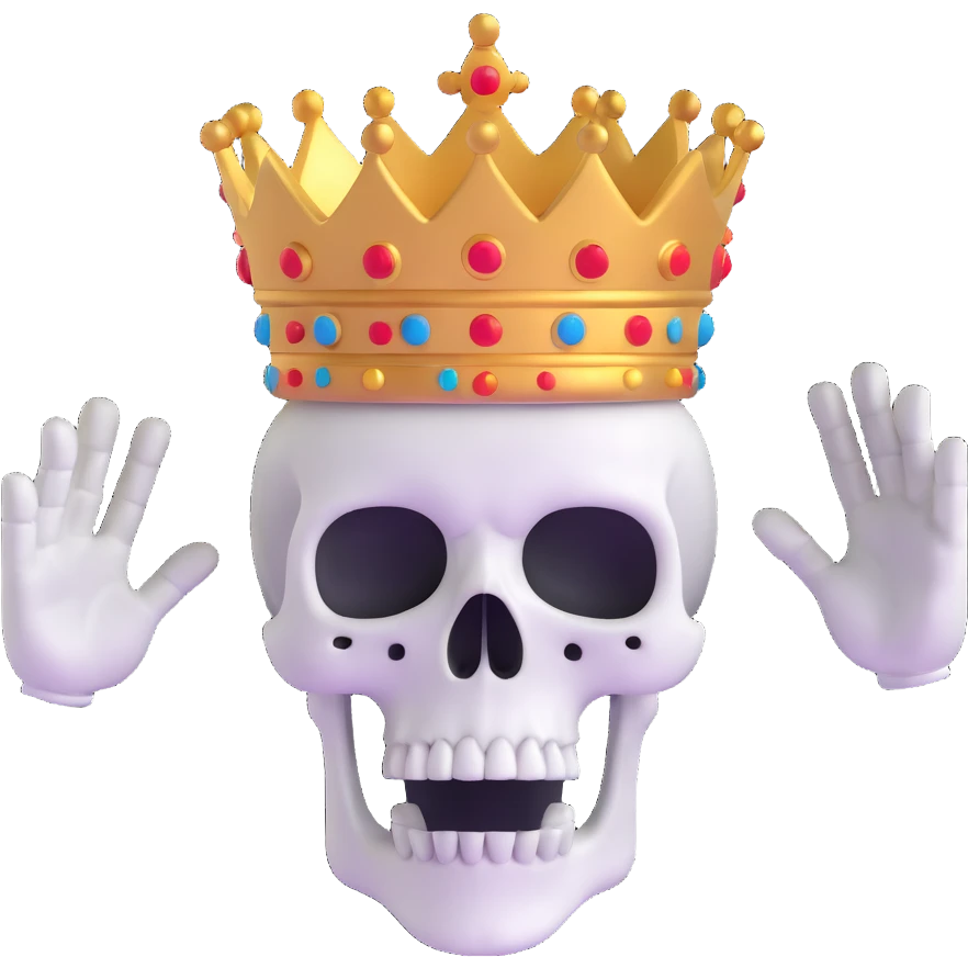 A shocked skull with a crown on top, both hands raised pressing on its head in disbelief, black and white emoji