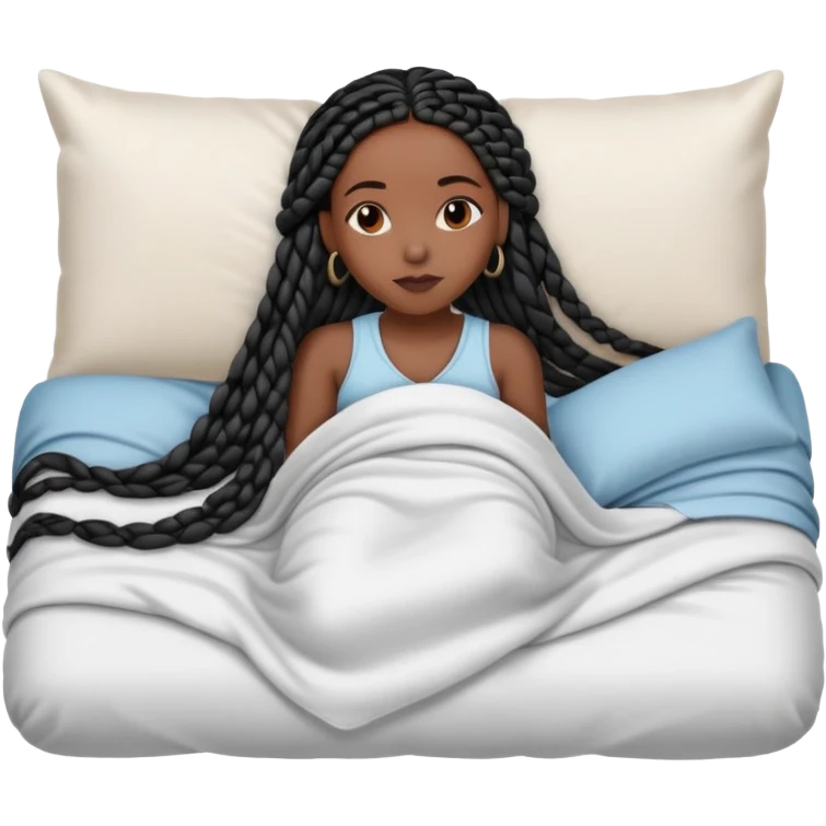 A dark-skinned Black woman with long black box braids, lying on her side in bed, wrapped in a blanket, resting on a pillow emoji