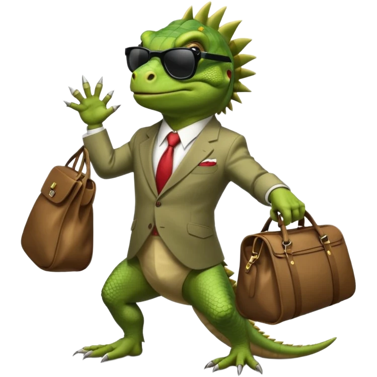 capitalist iguana banker godfather with black sunglasses breakdance with bag emoji