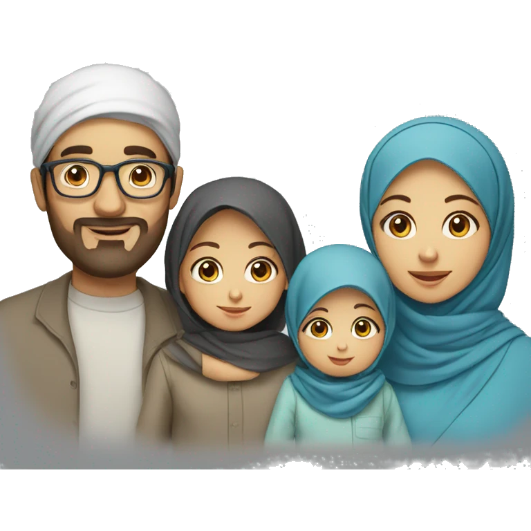 Draw a muslim family of 4 consisting of a father with glasses, a mother with a headscarf, a 3-year-old girl and a baby with blue clothes. emoji