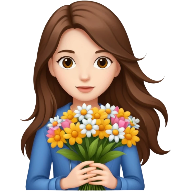 cool girl with long brown hair and fair skin holding a bouquet of flowers, trendy emoji