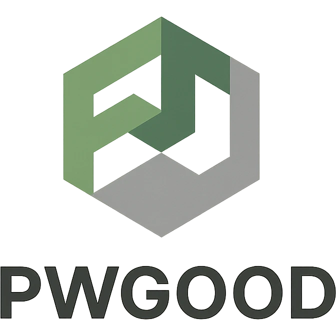 geometric logo for 'pwgood' with stylized 'pw' monogram, green and gray palette emoji