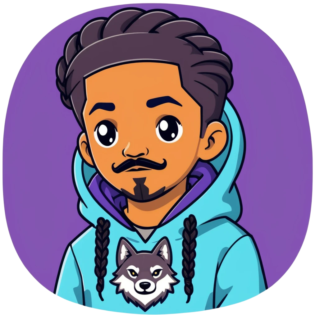 Short black boy with long braids a stache and goatee wearing a galaxy wolf hoodie emoji