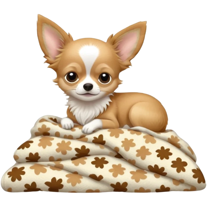Long haired chihuahua, beige, white chest and socks, sleeping cutely under blanket emoji
