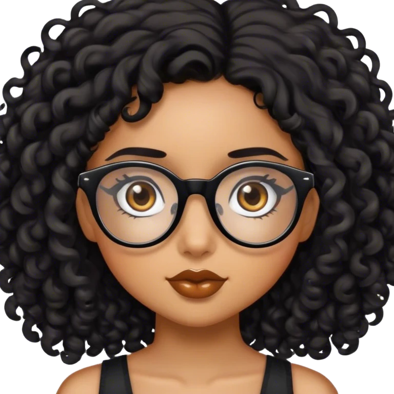 caramel skinned girl with 3b black curly hair and black glasses with dark brown eyes emoji