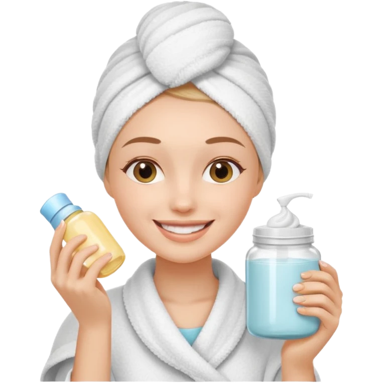 girl applying skincare, smiling face, towel on head, cream jar emoji
