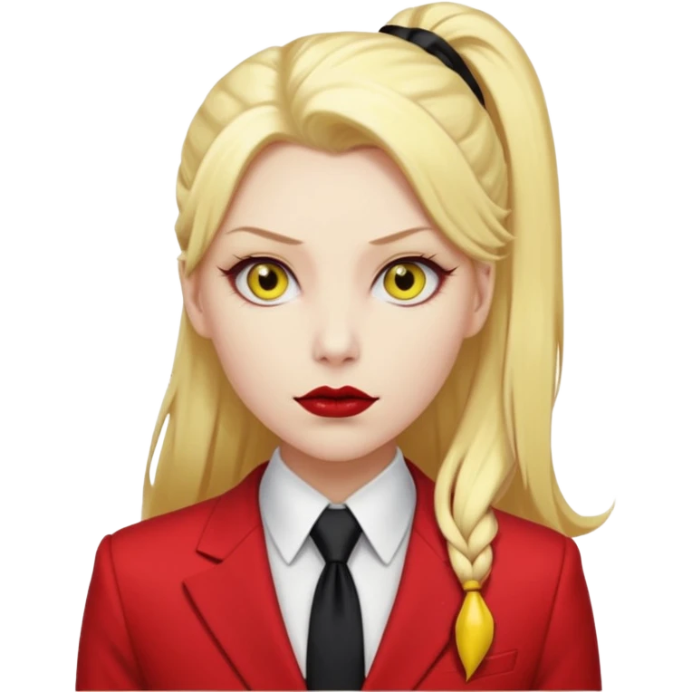 Woman with porcelain white skin, thick blonde hair that's in a thick, long ponytail, has a black nose, yellow scleras, red pupils, and a red suit with a black tie. Demon emoji