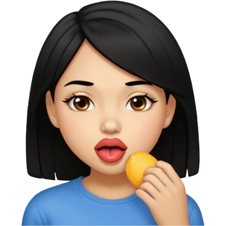 Brown light skin girl straight black hair biting her down lips and blushing emoji