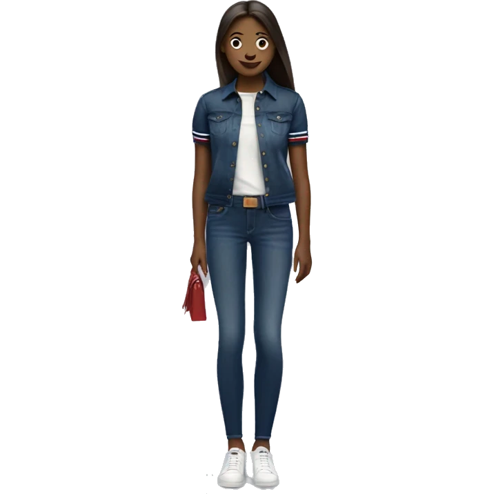 A girl with a tommy hilfiger polo with a dark blue jeans emoji