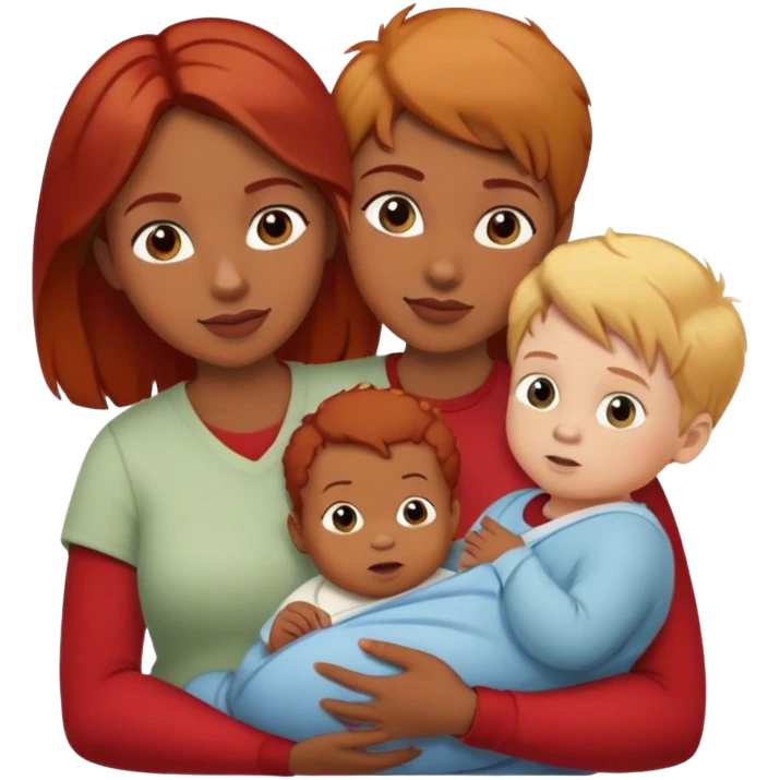 A mother with brown hair holds a red-haired baby and a blond boy  emoji
